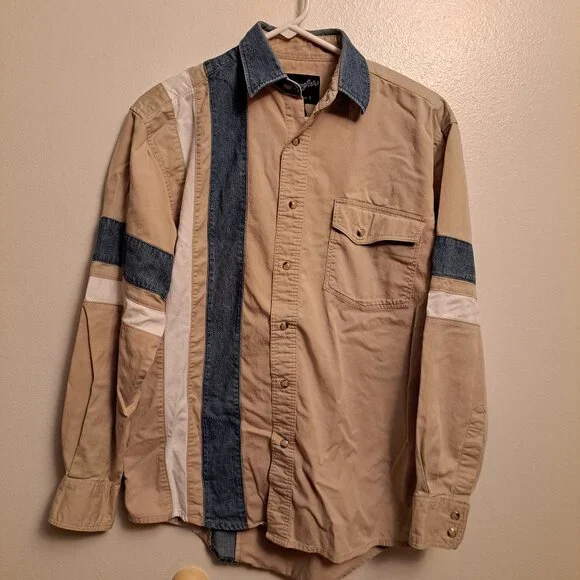 Vtg Wrangler Western long-sleeve Pearl-Snap Denim Shirt in Colorblock Pattern - Picture 1 of 5